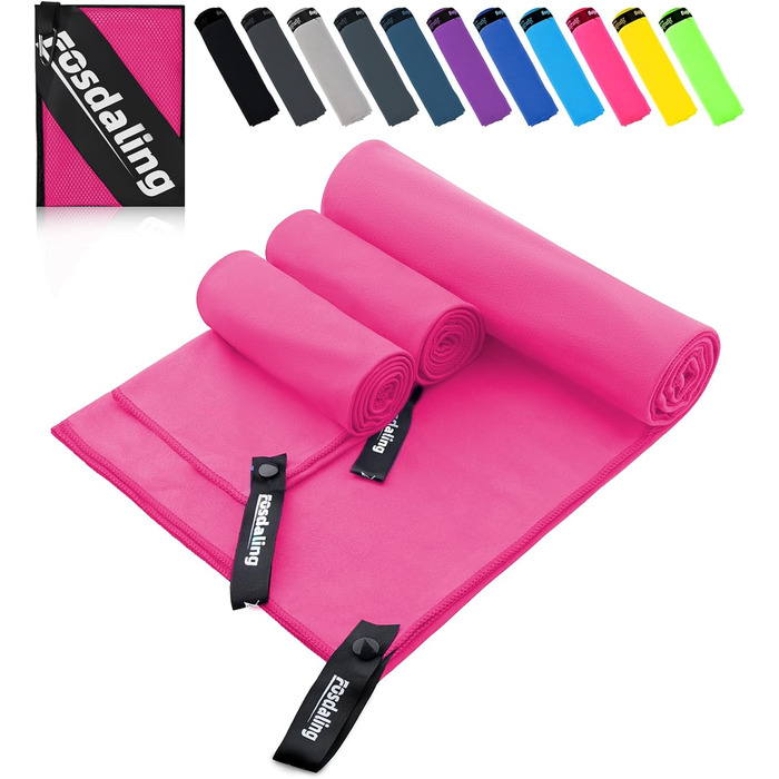 Набір з 3 рушників з мікрофібри: великий 180x90 см та 2 маленькі 80x40 см. Швидковисихаючі спортивні рушники з мікрофібри для подорожей, душу, фітнесу, спорту та пляжу (рожевий)