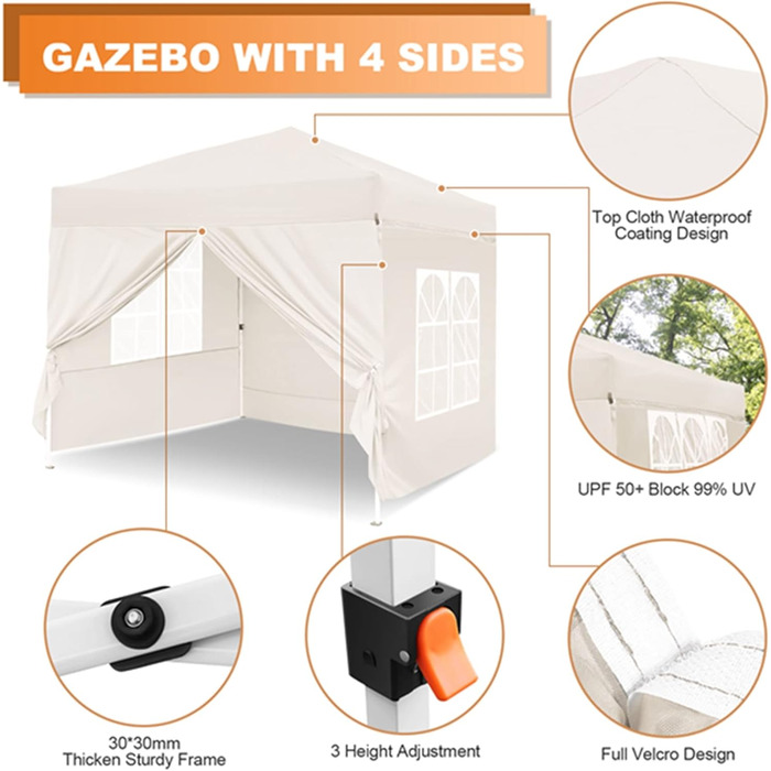 Gazebo, Leadyeah Pop-Up Pavilion with Sides, Foldable Camping Pavilion 2.5 x 2.5, Heavy-Duty Pavilion Tent, Fully Waterproof, 50+ UV Protection for Camping, Party - Beige