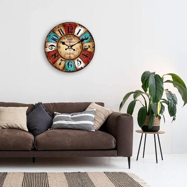 VIKMARI Quartz Wall Clock Wood Silent Hanging Clock, Battery-Powered Round Rustic Clock, Easy to Read Vintage Indoor Wall Clock || 14' (Colorful Arabic Numerals, 30 cm)