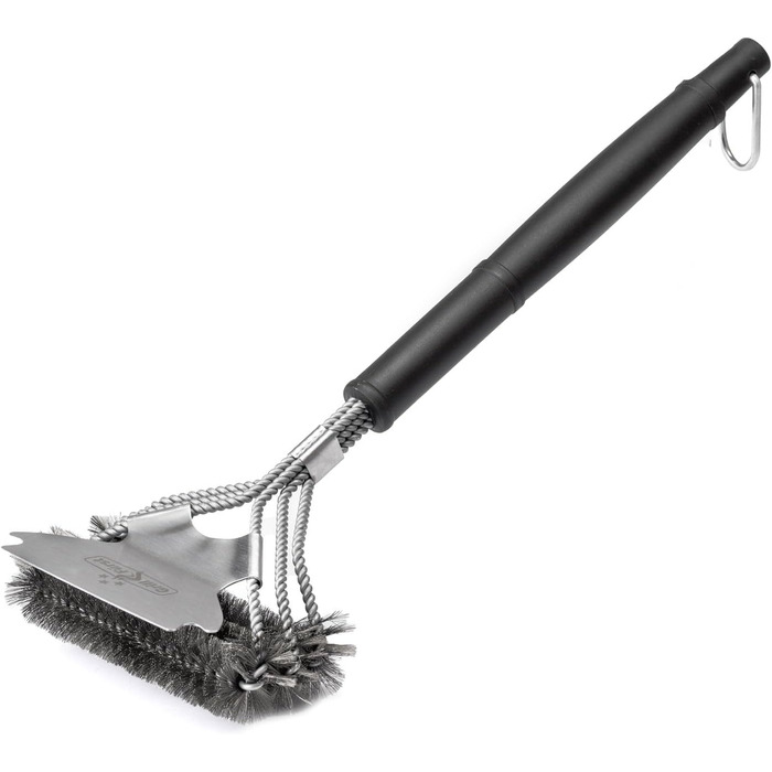 3X Grillfürst Premium Grill Brush with Brass Bristles, 45 cm - Grill Cleaning Brush for Grill Grates, Grill Grate Brush with Wide 3-Section Brush Head and Scraper (Stainless Steel with Scraper)