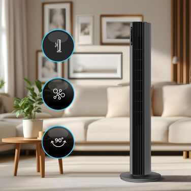 Турбовентилятор 110 см з пультом керування, тихий вентилятор-вежа, 30W, 12 швидкостей, таймер 12h, іонізація, охолоджувач повітря PURE Plasma, білий (сірий)