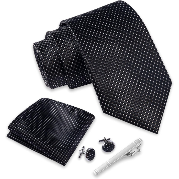 Комплект краватки Massi Morino з нагрудною хустинкою, запонками та затискачем для краватки в подарунковій коробці - Чорна краватка в крапку для весілля