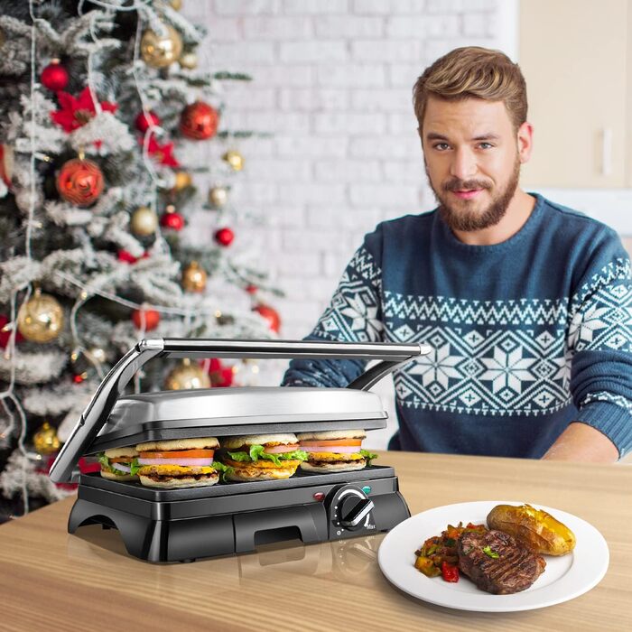 Aigostar Samson 30KLU- XXL Contact Grill, Panini Grill, Sandwich Maker, 2000 Watt, non-stick stainless steel coating, 180-degree hinge, temperature control, SINGLE PACKAGING.