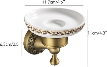 Brass toothbrush holder, antique bronze, cup holder with white ceramic cup, wall-mounted, bathroom accessory, patterned carved design (soap dish)