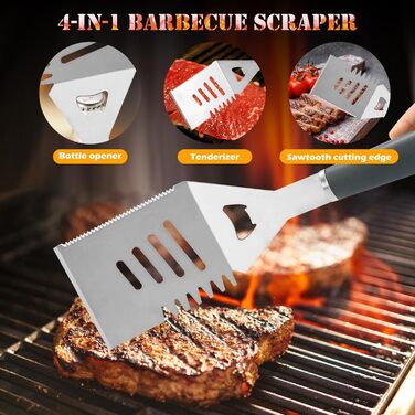 Набір аксесуарів для гриля Premium Grillzubehör Set 10-teilig Edelstahl Rostfrei - 10 предметів з нержавіючої сталі: шпатель, щипці, виделка, щітка для чищення. Для гриля, BBQ, кемпінгу, саду. Міцний набір для гриля.