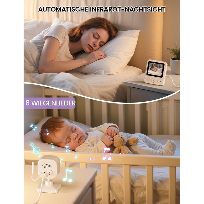 Дитячий відеоняня OBVHNUA з камерою 720p IPS, 2.8' екраном, акумулятором 2000mAh, цифровим зумом, функцією VOX, двостороннім аудіо, нічним баченням, контролем температури та колисковою