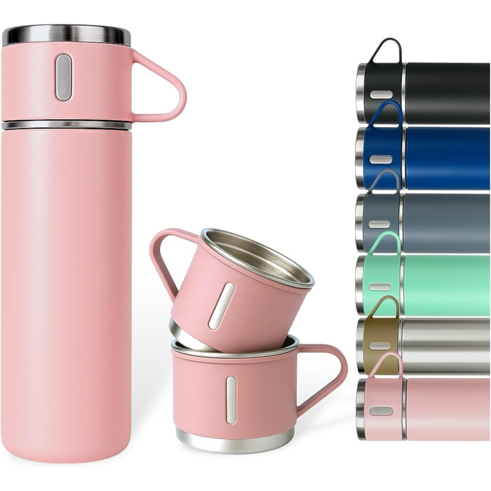 Термофляга 500 мл з нержавіючої сталі – 2 чашки з ручкою – без витоку, BPA-free – з щіткою для чищення – рожева