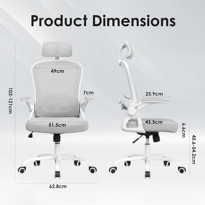 Ергономічне крісло Farini з регулюванням висоти, для офісу та дому, з підголівником, комп'ютерне крісло, 150 кг, на роликах (сірий/білий)