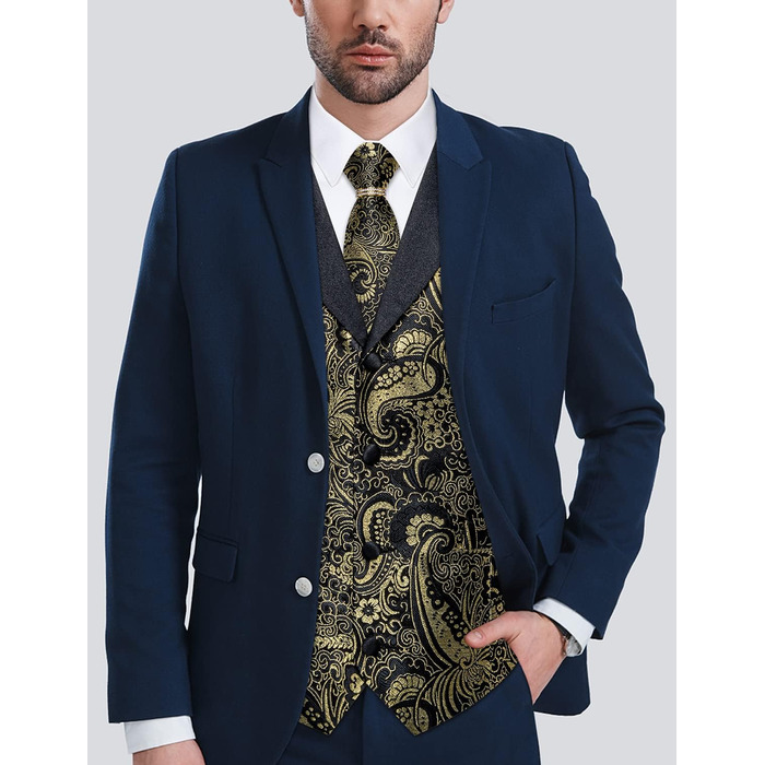 Костюмний жилет DiBanGu (5 шт.): жилет, краватка, нагрудна хустинка, запонки, кільце для краватки. Зелений/Чорний (L, Золото/Чорний)