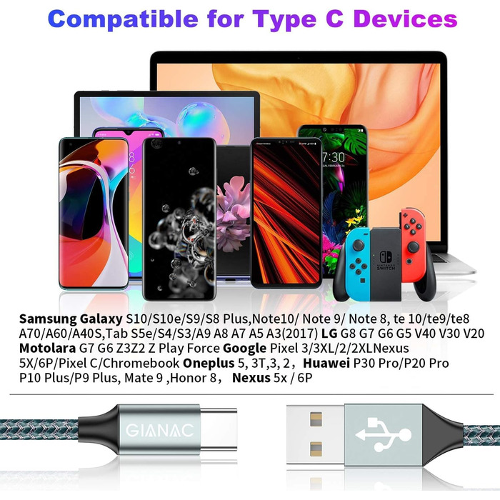 Кабель USB-C 2 шт. по 0.3м (2м) - швидка зарядка та синхронізація для Samsung, Huawei, Sony