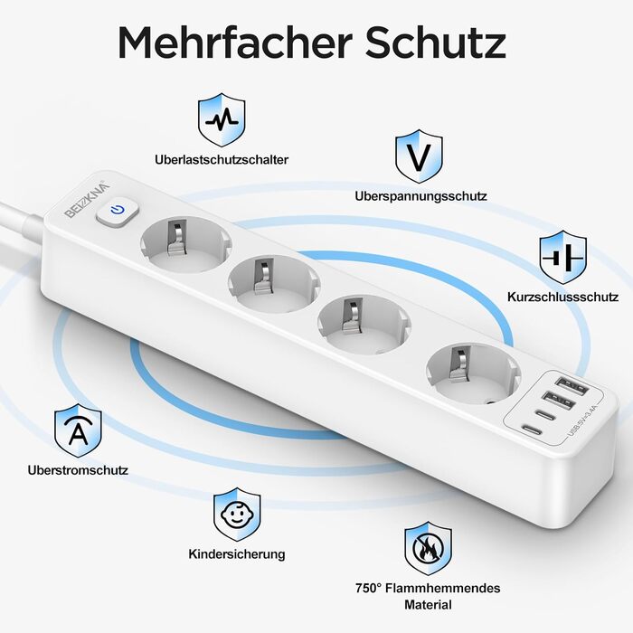 Розподільник розеток з 4 USB та захистом від перенапруги, 4000W, 16A, з вимикачем, 1.8м кабель, білий