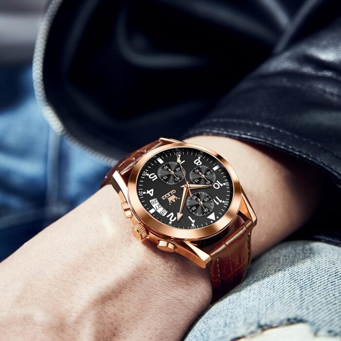 Чоловічий годинник OLEVS Vintage з шкіряним ремінцем, велике циферблат, водонепроникний, аналоговий годинник з датою (2878, чорний циферблат/коричневий ремінець)