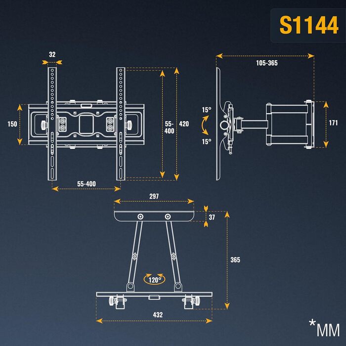 Кріплення для телевізора RICOO S1144: поворотне та нахильне, для екранів 40-65 дюймів, VESA 400x400, до 60 кг