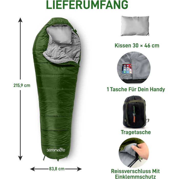Спальний мішок SereneLife для кемпінгу - теплий, водонепроникний, для зимового відпочинку, температурний режим -15°C до +12°C, з компресійним мішком та подушкою