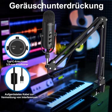Zealsound USB мікрофон для подкастів та вокалу з шумозаглушенням (чорний) для ПК, телефону, YouTube, PS5, iPhone, Mac. З підставкою-держателем та адаптерами.