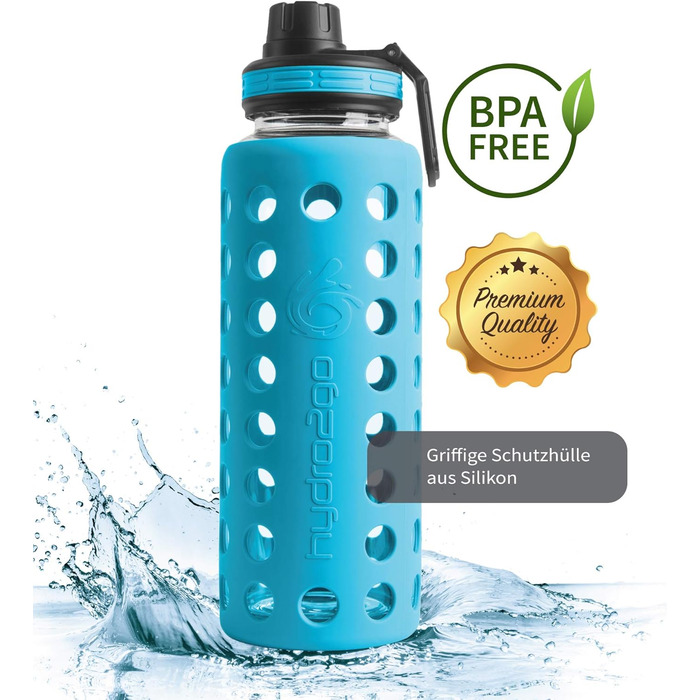 Glass Drinking Bottle with Silicone Sleeve – 100% Leak-Proof, BPA-Free, Dishwasher Safe, 2 Replaceable Lids – Ideal for Office, Fitness, Yoga, Sports & Outdoor – 950 ml (Coral Blue 2.0)