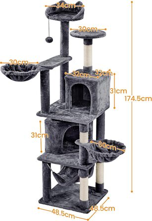 Кігтеточка Yaheetech XXL для котів, 175 см, для 3-4 котів, з платформами, гамаком, м'ячиком, сізаль, темно-сіра
