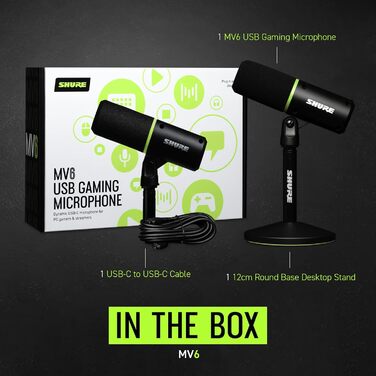 Shure MV6 USB Мікрофон для Ігор та Стрімінгу, Динамічний, USB-C, для PC Gamer та Стрімера