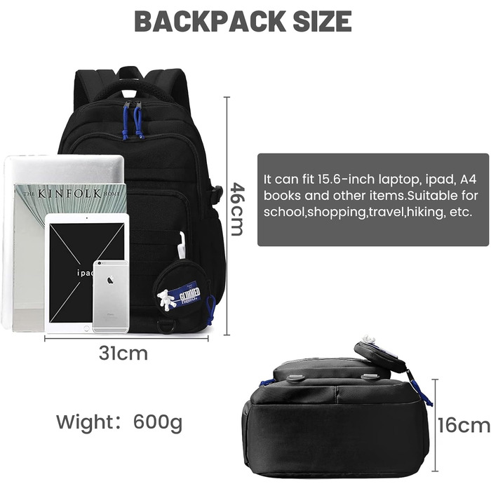 Шкільний рюкзак для дівчаток-підлітків, водонепроникний, легкий, великої місткості, модний, для школи або подорожей (чорний)