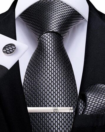 Набір краваток чоловічий DiBanGu з шовковими смугами та клітинкою, з нагрудною хустинкою, запонками та краватковою затискачем для весілля та офіційних заходів (сірий в клітинку)