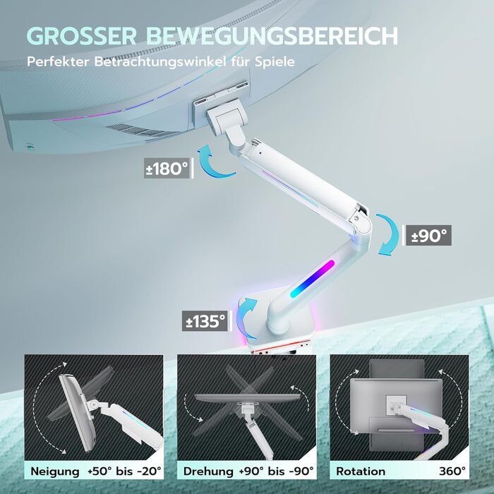 Кріплення для монітора ARES WING RGB - тримач для ігрового монітора, 17-49 дюймів, підходить для важких (20 кг) та вигнутих моніторів, регульована висота, для геймерів (білий)