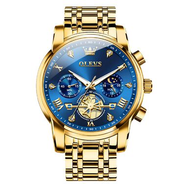 Годинник чоловічий OLEVS з металевим ремінцем, кварцовий, з місячною фазою, хронограф, водостійкий (2856 Blue / Gold)