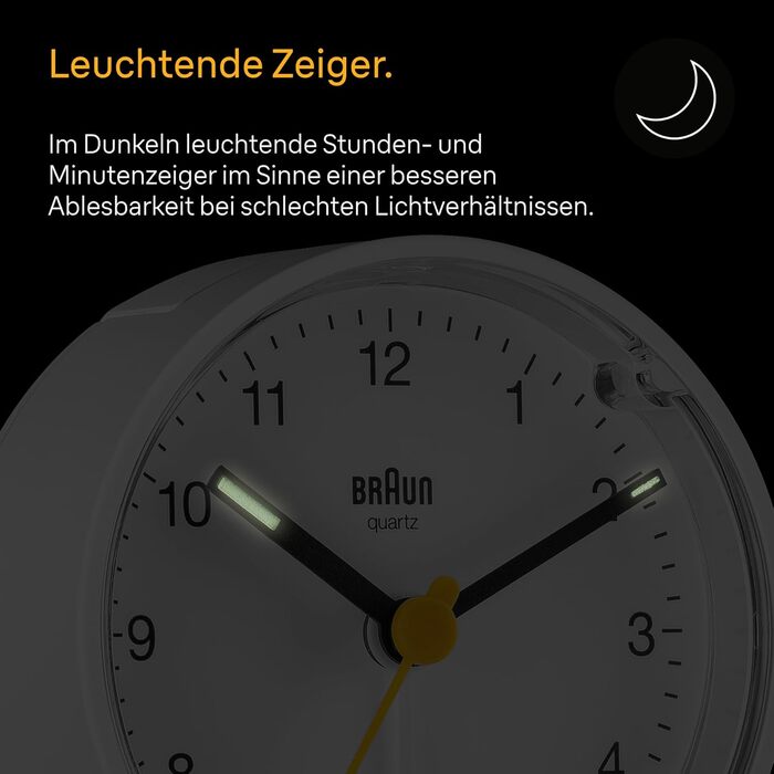 Braun Classic analog alarm clock with snooze function and light, quiet quartz movement, crescendo alarm in white, model BC01W.