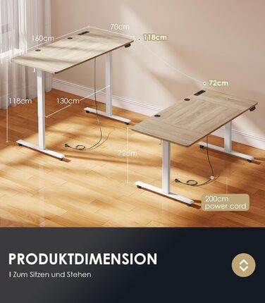 OffiGo Electric Standing Desk with USB Ports - Height Adjustable Desk, Memory Function, 160x70cm - White