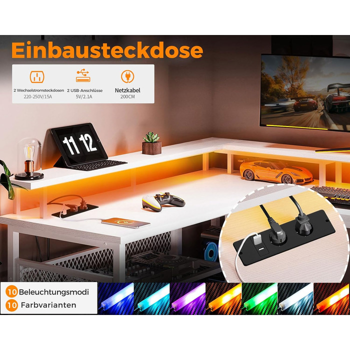 Геймерський стіл ODK з LED-підсвіткою, кутовий, реверсивний, 2 розетки та 2 USB-порти, велика біла модель 168×120 см, з сітчастою полицею