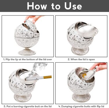 Kepfire Vintage Metal Ashtray with Lid, Globe Style, European Hotel Living Room Office Artwork, Windproof Ashtray, Creative Decor - Silver Rim, Rose Design