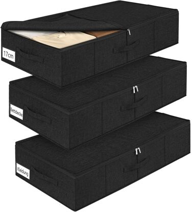Коробки для зберігання під ліжком MePure, 3 шт. (сірий, чорний) – 50л, з кришкою, для одягу, ковдр, постільної білизни, подушок, 76×38×17 см