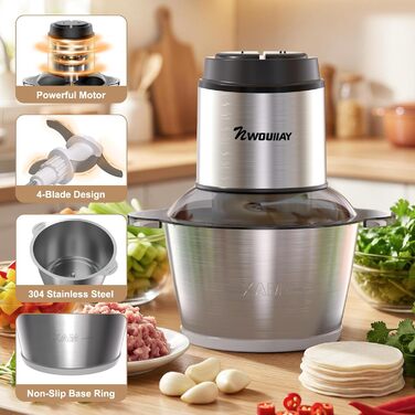 Електричний подрібнювач для кухні 2L з нержавіючої сталі. Подрібнювач для м'яса, овочів та цибулі з 4 лезами.
