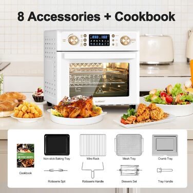 Аерофритюрниця LLIVEKIT 26 л, міні-піч з конвекцією, 14-в-1, 360° циркуляція повітря, швидке та здорове приготування з низьким вмістом жиру, енергозбереження 60%, 1700 Вт, кремова, 8 аксесуарів, книга рецептів