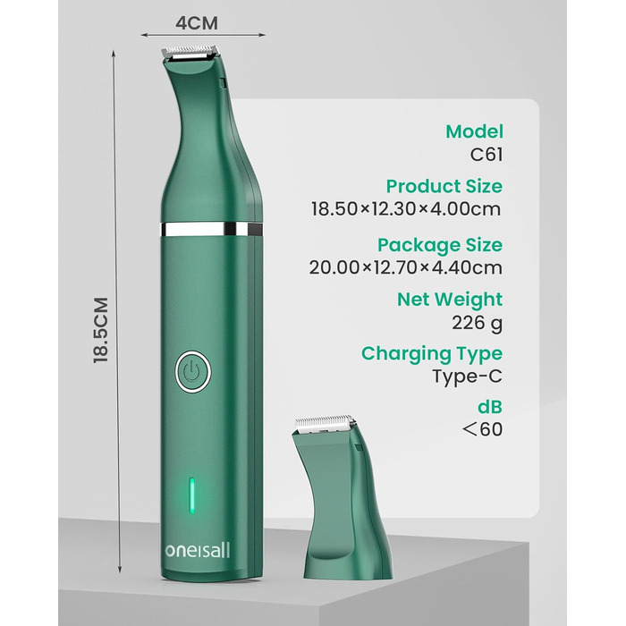 Триммер для догляду за лапами собак Oneisall, тиха машинка для стрижки лап собак, котів, очей, вух, обличчя, зелений
