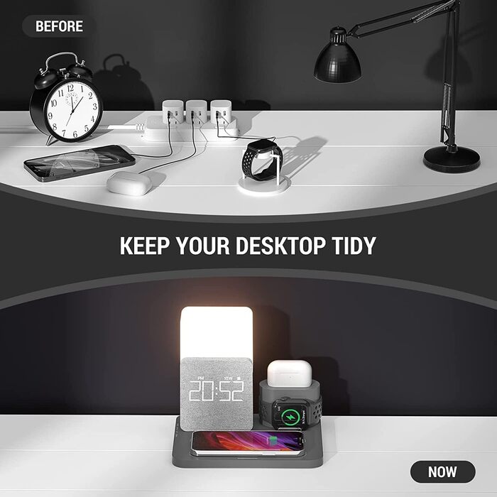 Бездротовий зарядний пристрій COLSUR 3 в 1: зарядка, нічник, будильник. Підтримка iPhone 16/15/14/13/12/11/X/8 Pro Max/Mini/Plus (Сірий)