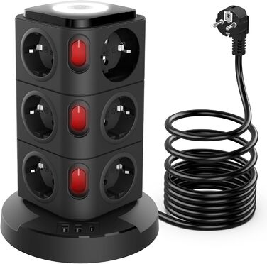 Багаторозеткова станція Acodot Tower з USB, 12 розеток, захист від перенапруги, 4 вимикачі, нічник, 3 USB-порти, кабель 3м, 2500W, для офісу, білий/чорний