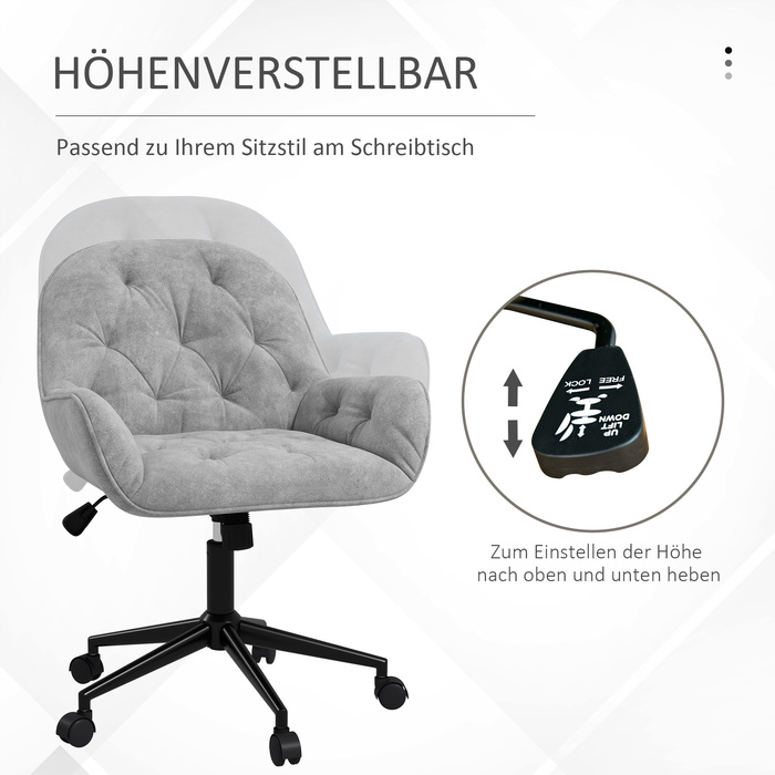 Vinsetto Adjustable Swivel Chair, Ergonomic Office Chair with Velvet-Look Finish in Light Gray for Living Room & Office