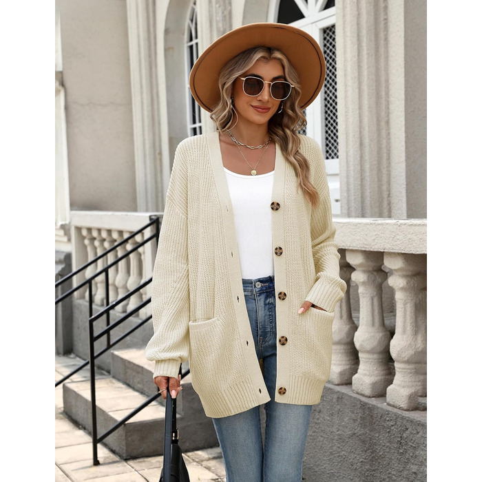 Жіночий в'язаний кардиган Zeagoo з довгим рукавом, вільний крій, V-подібний виріз, грубий в'язання, бежевий колір, для осені та зими