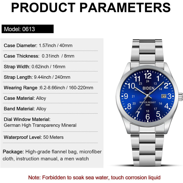 Годинник чоловічий LENQIN з нержавіючої сталі, аналоговий кварцовий годинник на зап'ястя, водостійкий 30M, стильний повсякденний годинник для чоловіків (01 - Сріблястий/Синій)