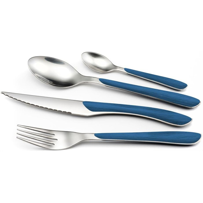 Amefa ECLAT Cutlery Set NATURE Blue Wood-Look Dining Cutlery 24-Piece for 6 People Stainless Steel, Rust-Proof, Plastic Grip Shells with Wood-Look, Dishwasher-Safe Cutlery Set for 6 People