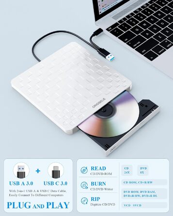 Зовнішній DVD-привід ORIGBELIE: CD/DVD-броннер з 4 USB та 2 TF/SD слотами, ультратонкий оптичний накопичувач для ноутбука, PC, Mac, Windows 11/10/8/7, Linux