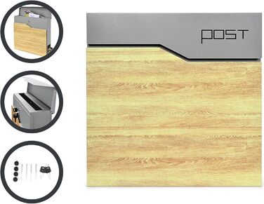 Поштова скринька Verda Anthracite з газетницею, порошкове покриття AkzoNobel, 2 ключі, табличка з іменем, персоналізована, дизайнерська настінна поштова скринька з нержавіючої сталі (срібло з виглядом дерева)