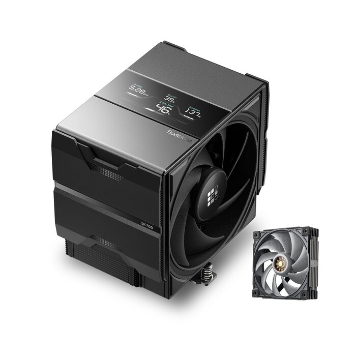 Система охолодження CPU Sudokoo SK700V AM5 з вентилятором 120 мм, дисплеєм, 7 heatpipes та гарантією 5 років. Сумісна з AM5, забезпечує повну свободу встановлення оперативної пам'яті. Чорний колір, комплект MACH120.