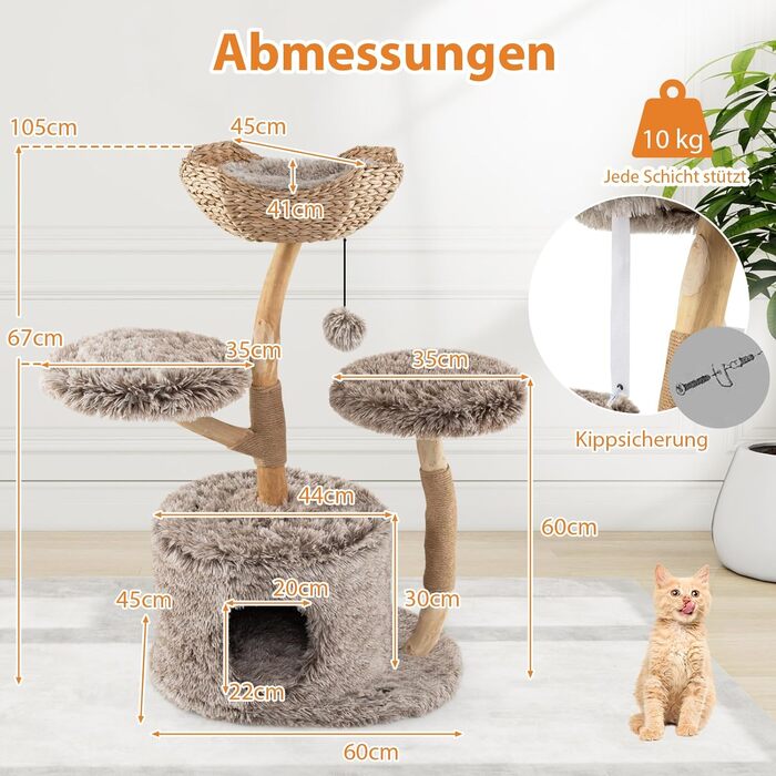 Дерев'яна кігтеточка для котів Costway 90 см з 3 м'якими місцями для відпочинку, канатом та кігтечильною колоною з джуту, 3-ярусна, з печею, білий + натуральний колір