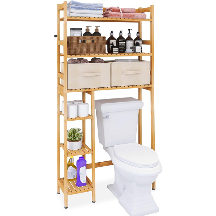SMIBUY Over The Toilet Storage, 6-Tier Bamboo Bathroom Shelf with Drawers, Freestanding Over the Toilet Organizer Rack, Ample Storage, Space Saver for Small Spaces (Natural)