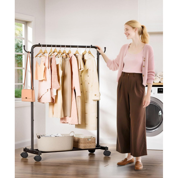 Міцний вішак для одягу на колесах Yorbay: металева стійка з полицею для багажу. Компактна вішалка для одягу в спальню, пральню, магазин (81 см). Чорний колір, 81 см