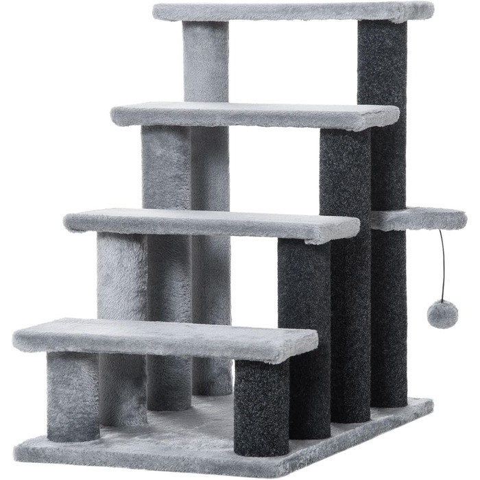 PawHut 4-Step Pet Stairs with Scratching Posts, Ball, Dog Stairs, Animal Stairs for Cats up to 5 kg, Plush Jute Grey, 60 x 40 x 64 cm