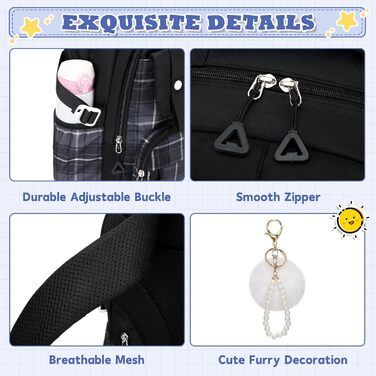 Шкільний рюкзак для дівчаток: велика місткість, стильний дизайн, Kawaii, чорний