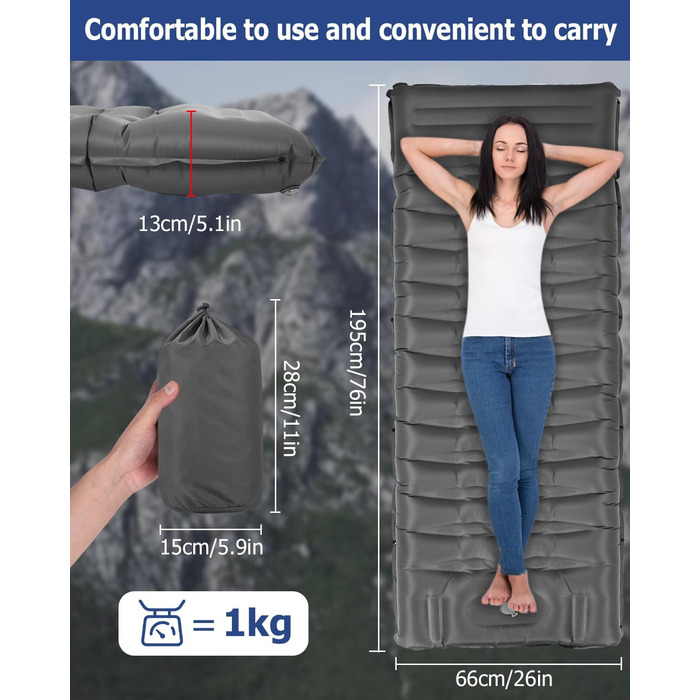 Tixexo Self-Inflating Sleeping Pad - Camping Air Mattress with Foot Pump - 13cm Thick, Spliceable, Outdoor Hiking & Camping Cushion - Grey