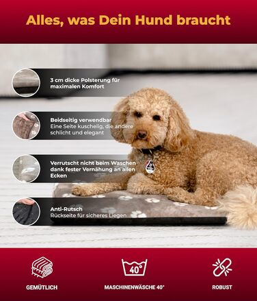Килимок для собак XS (45x65 см) – неслизький та затишний з 3 см наповнювачем – ідеально для дивану, авто та переноски – Made in Germany (65 x 95 см, Tatze Beige)
